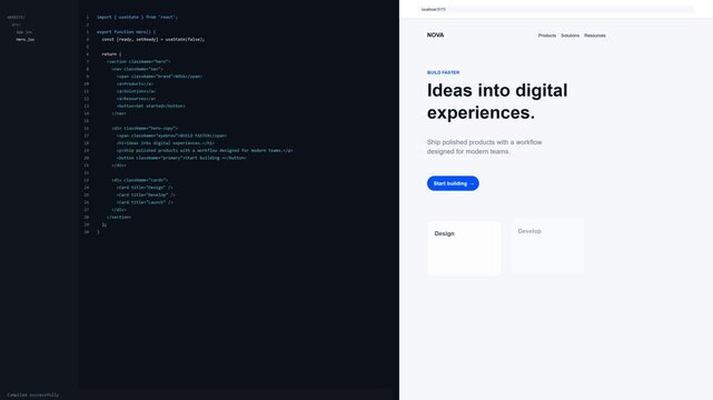 Split Screen Motion of Coding in Text Editor and Live Website Interface Rendering