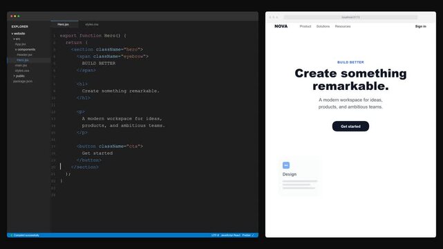 Coding React Webpage in Dark Theme Code Editor with Live Browser Preview