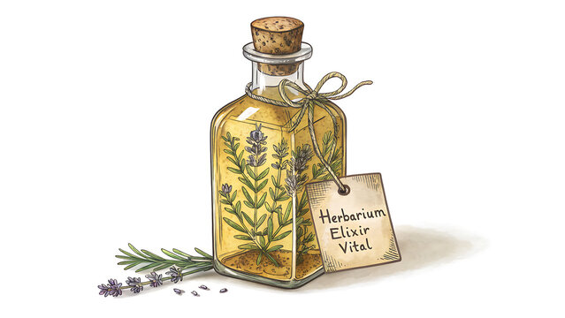 Watercolor illustration of a glass bottle with herbal elixir and