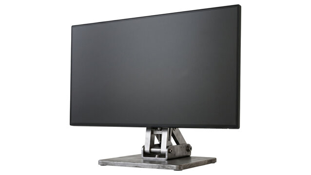 Modern computer monitor with adjustable metal stand angled left isolated on transparent background for corporate workspace mockups.
