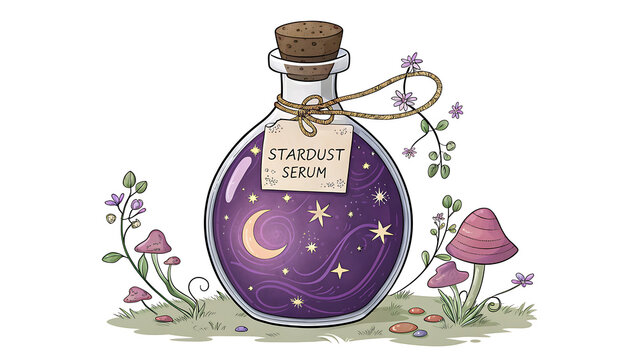 Magical potion bottle with stardust serum and moon illustration