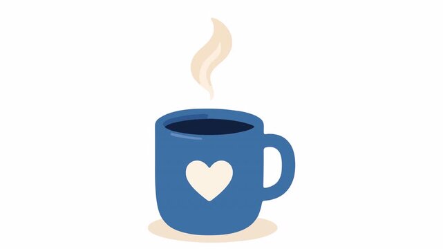 Animated flat vector illustration of a steaming hot blue coffee mug with a heart shape