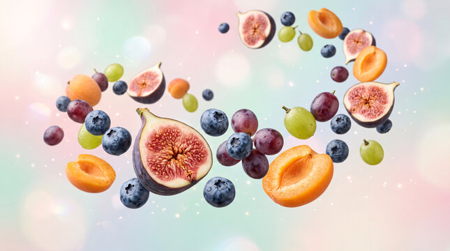 Mixed fresh fruits floating in air, dynamic levitation