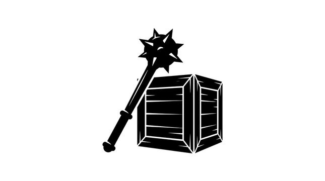 Medieval spiked mace and wooden crate icon on white background
