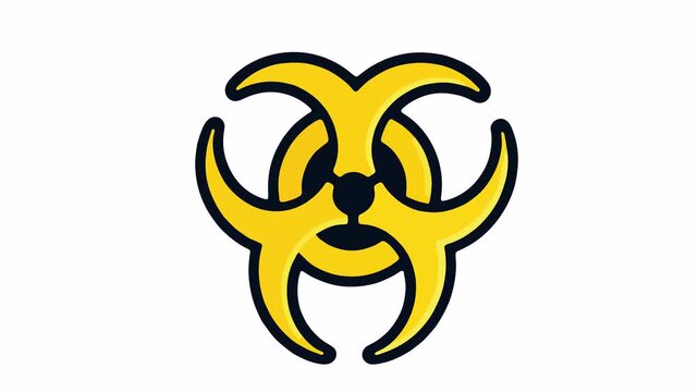Animated flat vector illustration of a yellow biohazard symbol with a cartoon face
