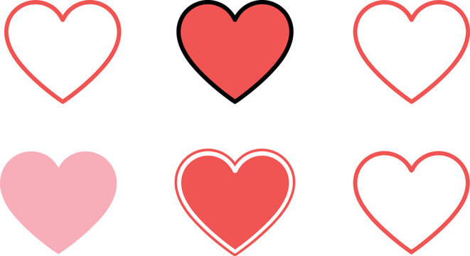 Red and pink heart love icon set in linear outline and silhouette vector illustration