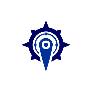 A deep blue vector icon or graphic logo depicting a navigational compass rose combined with target crosshairs and a central map pin or location marker. The clean, modern flat design makes it ideal