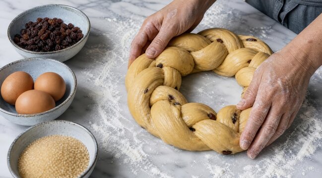 Hands shaping braided challah dough into a holiday wreath
