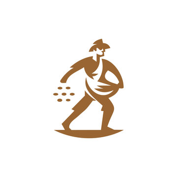 A rich brown vector icon or graphic logo depicting a sower or farmer scattering seeds from a pouch or bag across the field. The clean, flat silhouette design makes it ideal for agriculture branding, 