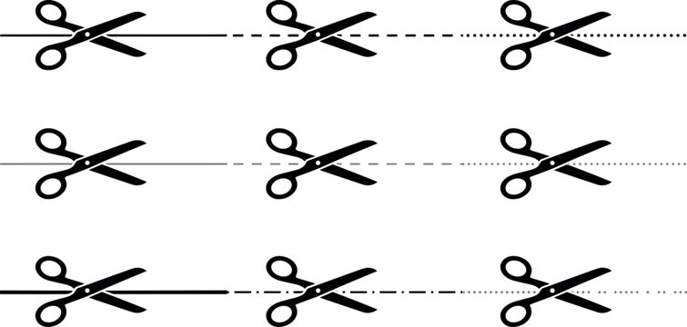 Scissors cutting along dashed dotted solid lines coupon discount icon set vector illustration