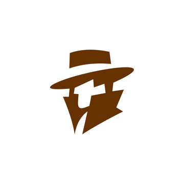 A rich brown vector icon or graphic logo depicting a mysterious detective or spy wearing a fedora hat and trench coat, with a handgun silhouette integrated into negative space. The clean, 