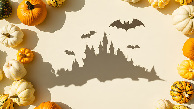 Wide-angle flat lay of various autumn pumpkins framing a spooky castle and bats shadow on cream