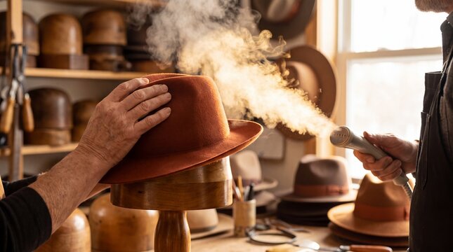 Milliner Steaming Felt Hat Over Wooden Block in Workshop
