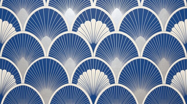 Elegant seamless Art Deco scallop shell pattern in royal blue and cream white for decorative backgrounds