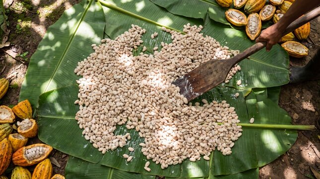 Cocoa Beans Fermenting Under Banana Leaves Overhead View