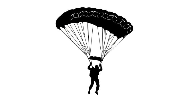 Black silhouette of a skydiver paragliding on a white background