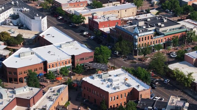 Establishing Drone Shot Above Downtown Fort Collins, Colorado on Summer Day