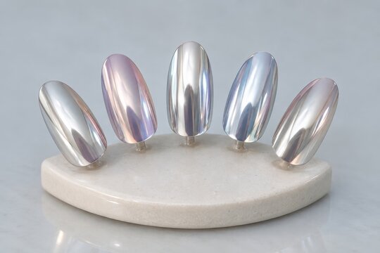 chrome nails shine on a white stand
