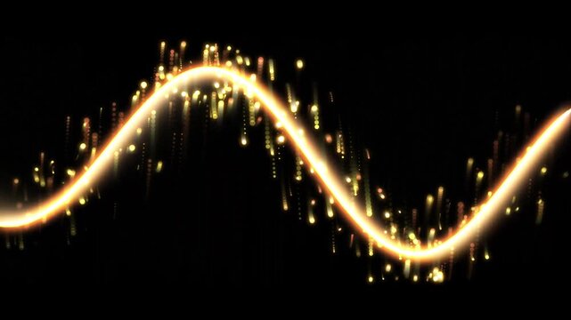 Abstract Golden Light Wave with Glowing Sparkles on Black Background