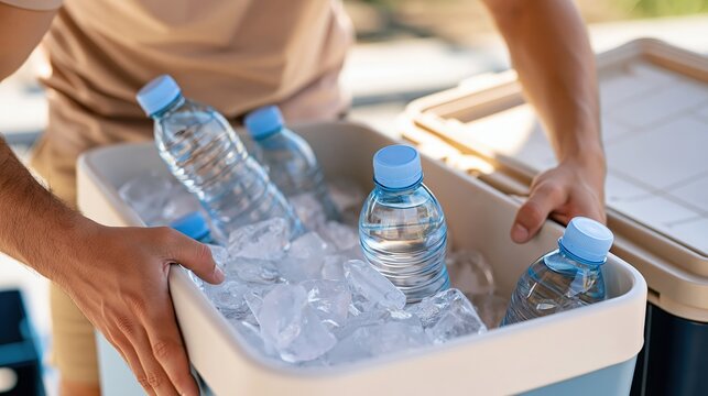 Person holding a portable cooler filled with ice and bottled beverages.