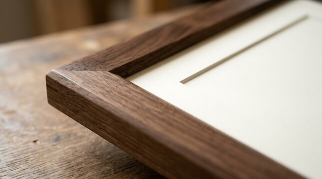 Close-up of a handcrafted wooden 16 x 20 frame resting on a rustic wooden table with white matting inside