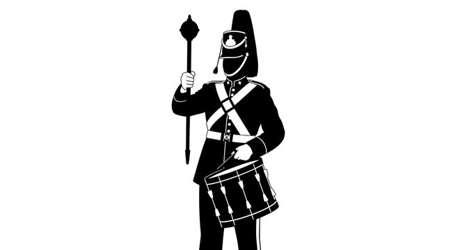 Ceremonial drum major silhouette holding mace and drum on white