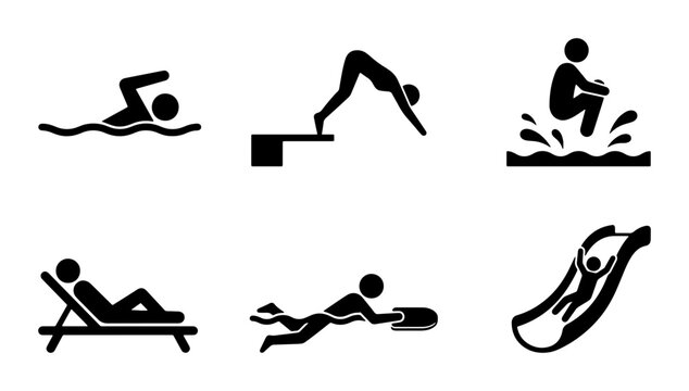 Summer water activities silhouettes set with swimmer, diver, person on waterslide and lounger for recreation and fun