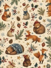 Fototapeta premium Seamless vintage Christmas woodland animals pattern with snowflakes