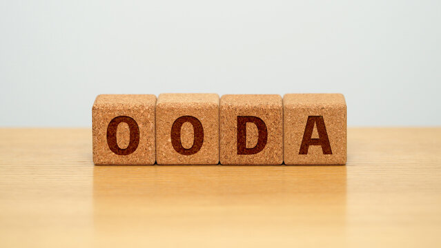 OODA on four cork wooden blocks - observe orient decide act concept