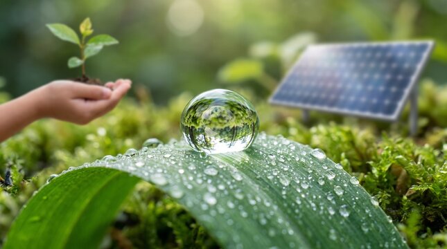 Glowing glass sphere resting delicately upon lush green foliage covered in morning dew drops with blurred solar panel and child holding seedling in background representing environmental sustainability