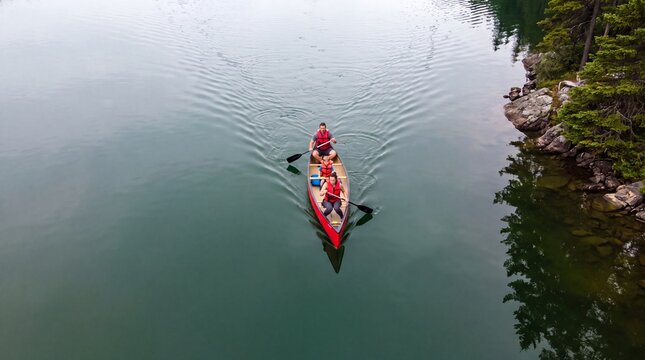 Aerial View of Family Paddling Red Canoe on Glassy Lake