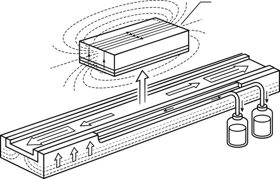 Superconductor magnet levitating above cooled quantum track vector line art.