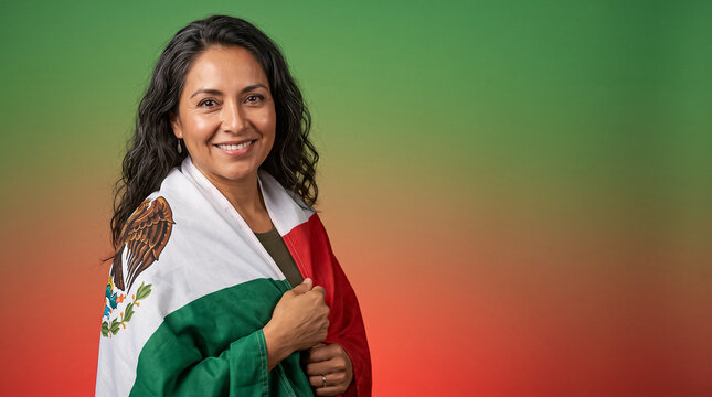 mexican woman smiling holding national flag of mexico on shoulders on bright green and red background