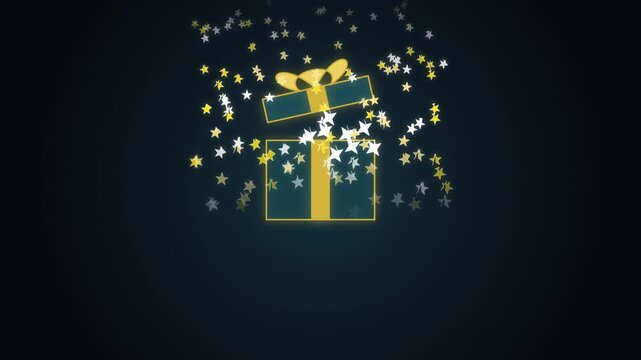 Open gift box icon with golden ribbon and floating magic stars