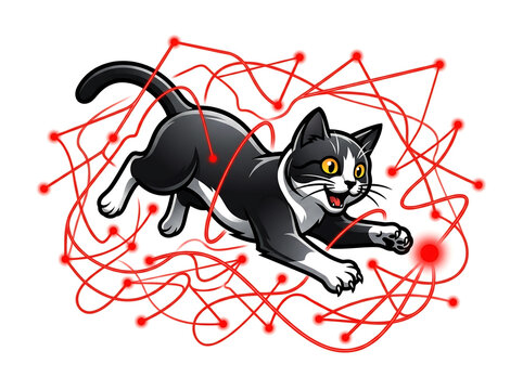 Black and white tuxedo cat playing with red laser light pattern illustration showing curious kitten chasing tangled beam lines and points of light representing digital connection and playful energy.