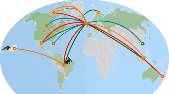 Global network of illustrated pathways connecting diverse locations across continents.