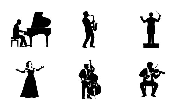 Orchestra musicians silhouettes set with pianist, saxophonist, singer, double bassist, conductor and violinist for music themes