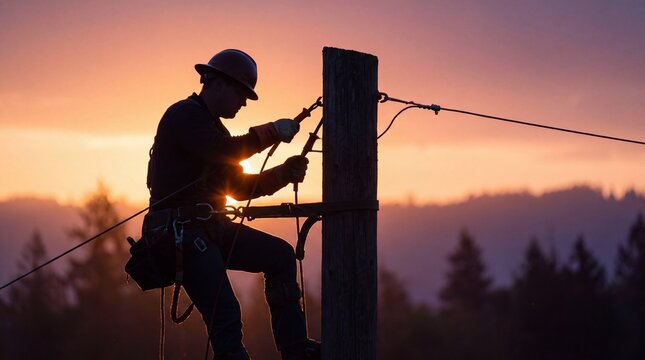 Lineworker Repairing Power Line on Pole at Sunset