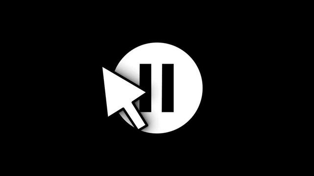 White circle play and pause button and computer mouse cursor arrow click animation on black background. Great interface element for media player tutorials. Use screen blending mode for visual effects.
