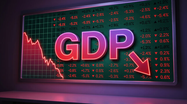 Inflation red arrow signals economy decline with falling GDP and concern. Financial crisis recession. stock price increase falling, bankruptcy risk loss, chart graph statistic