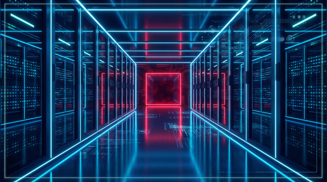Futuristic server rack corridor glowing blue neon with red light. Futuristic modern cyber electronic innovation. network computing processing system, information database storage
