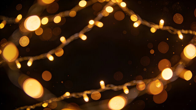 Abstract dark Christmas background with warm golden garland bokeh lights