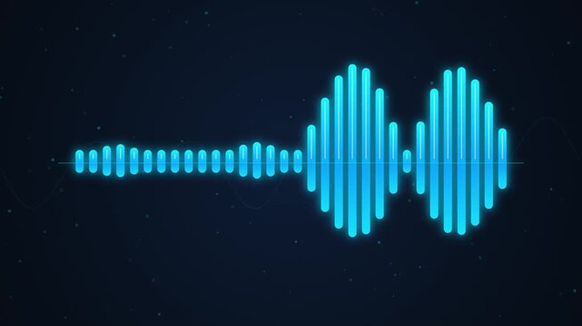 A vibrant blue glowing digital audio waveform graphic with varying amplitude bars and subtle sparkling particles on a dark background depicting sound visualization
