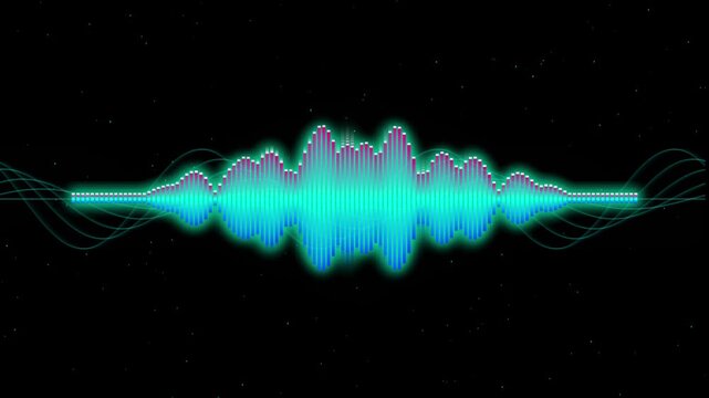 A dynamic glowing neon audio waveform visualizer with subtle twinkling stars in the background showcasing frequency amplitude and sound waves technology