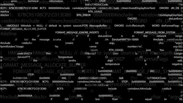 Dense programming code and system error text wall scrolling, hud overlay element