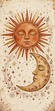 Boho sun and moon faces terracotta celestial poster