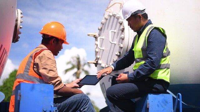 Engineer under inspection and checking construction process railway switch and checking work on railroad station .Engineer wearing safety uniform and safety helmet in work.	