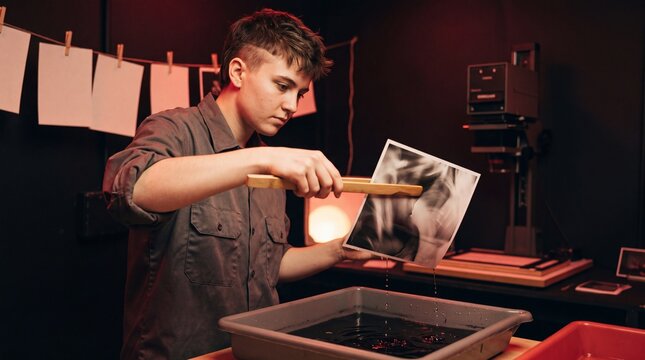 Photographer Developing Prints Under Red Darkroom Safelight