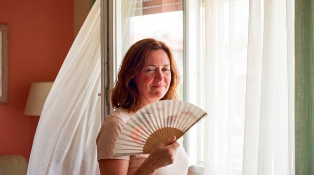 Middle Aged Woman Cooling Hot Flash With Hand Fan at Home