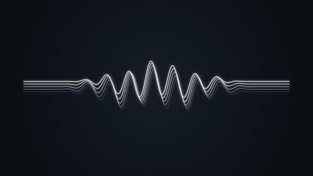 Abstract visualization of a sound wave with multiple pulsating bright lines on a dark background creating a futuristic audio concept